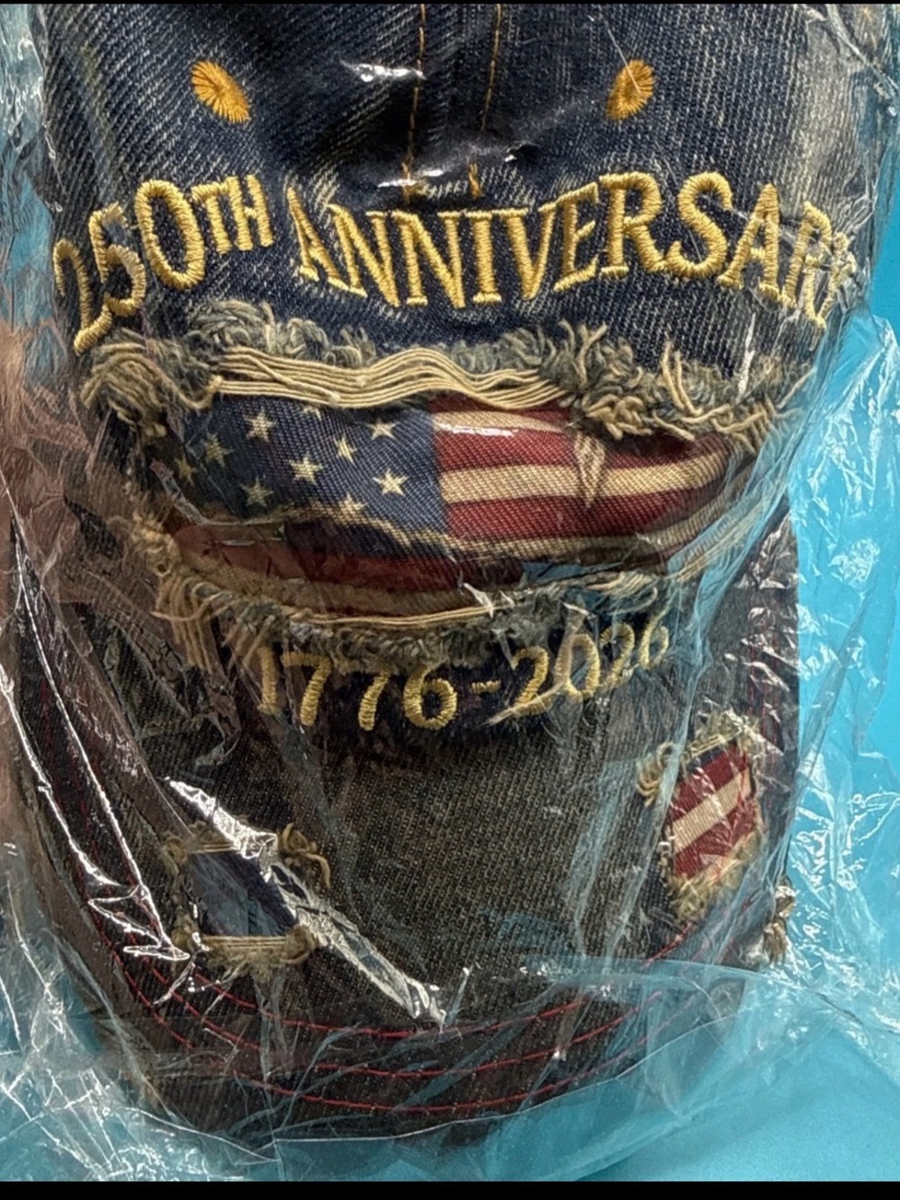 250th Anniversary Distressed Denim Baseball Cap with American Flag